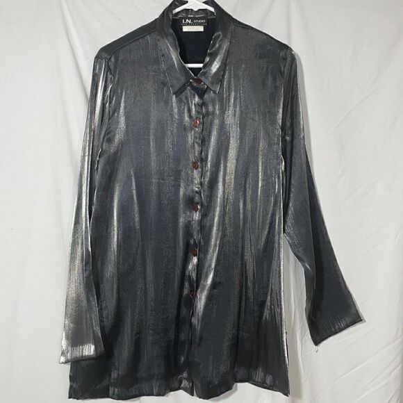 I.N Studio shiny shelves button down blouse - Picture 1 of 9